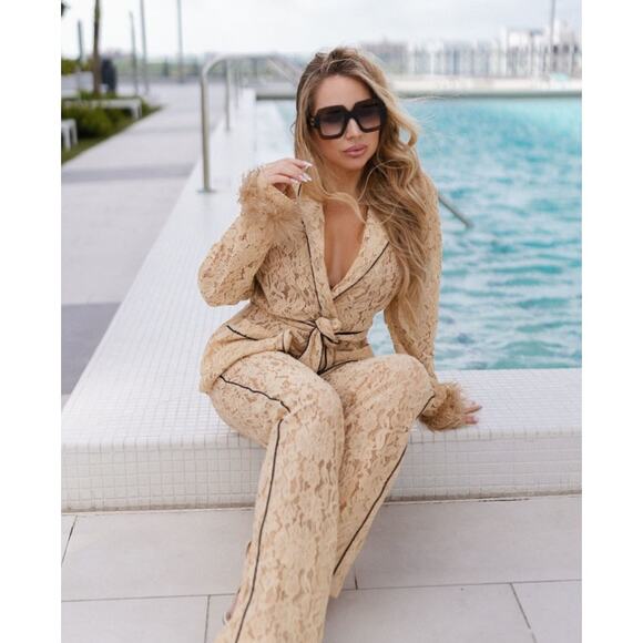 NWT Cioccolato Couture Eliya Luxury Sheer Lace Pajama Two-Set Nude Womens Size S